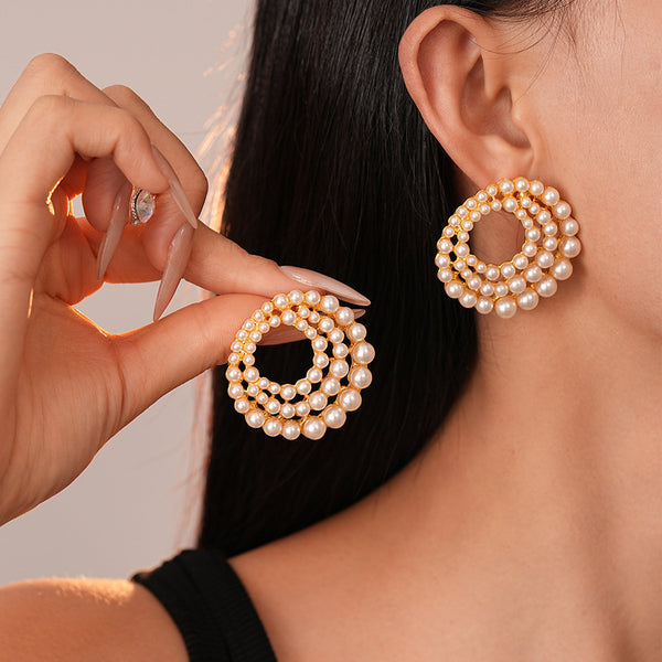 1 Pair IG Style Shiny Geometric Inlay Alloy Imitation Pearl Ear Studs
