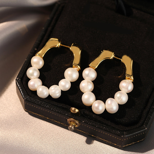 1 pair elegant simple style geometric beaded plating freshwater pearl copper hoop earrings