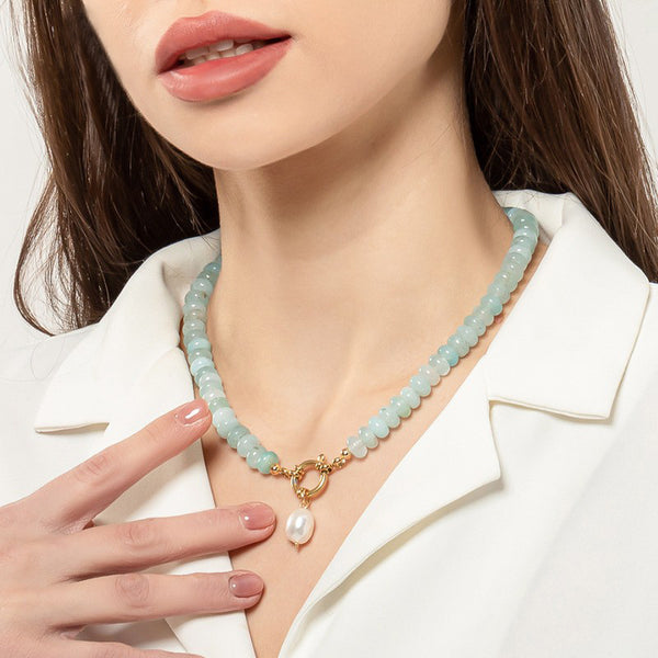 Natural stone Freshwater Pearl Titanium Steel 18K Gold Plated Beaded Round Necklace
