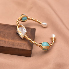 Retro geometric pearl inlay turquoise crystal 18k gold plated bangle