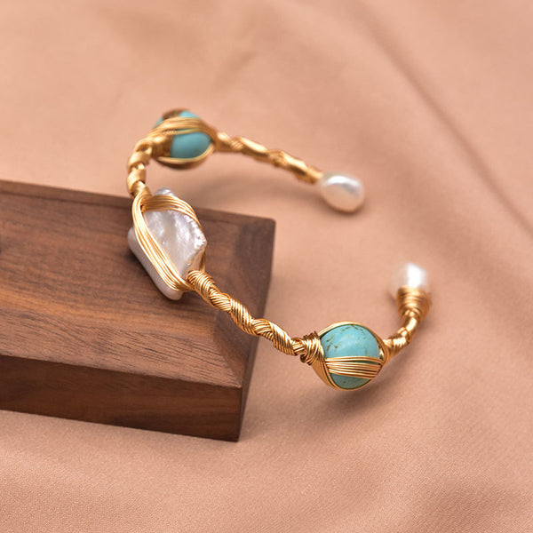 Retro geometric pearl inlay turquoise crystal 18k gold plated bangle